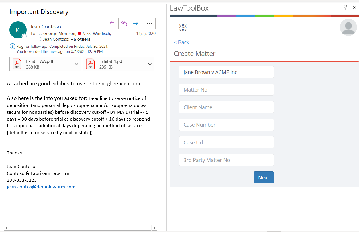 LawToolBox matter management for Microsoft 365 Screenshot of creating a new matter in LawToolBox matter management