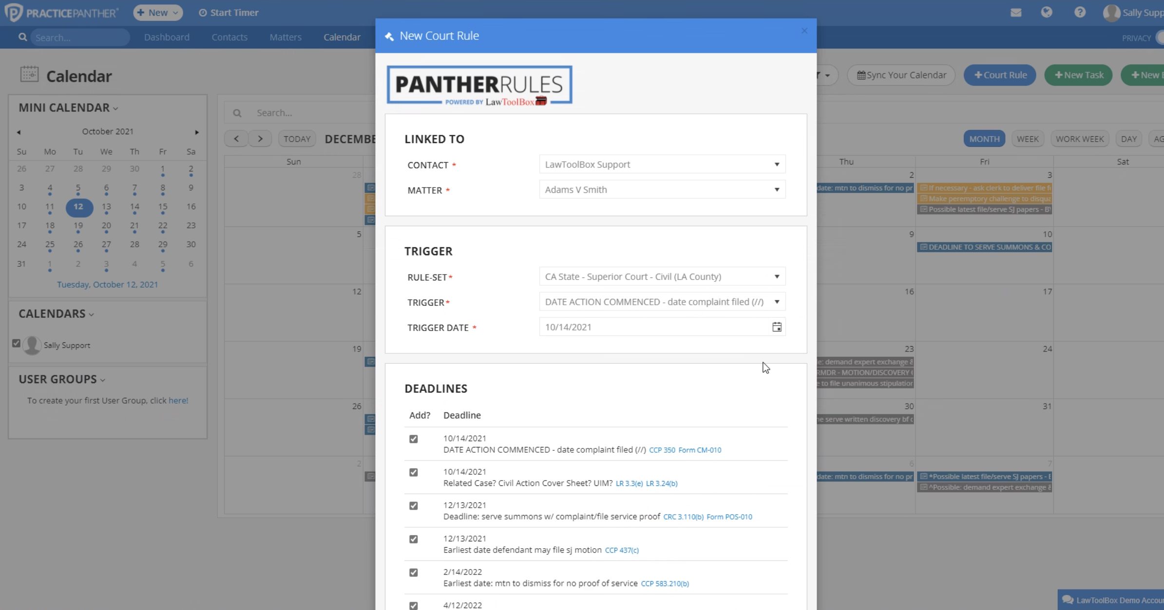Calculated deadlines inside PracticePanther using LawToolBox