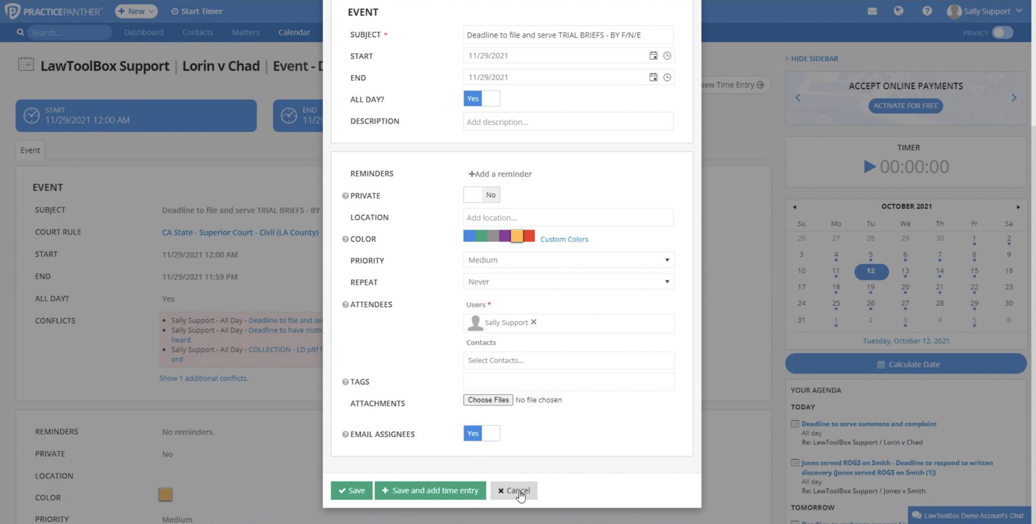 Edit events and deadlines inside your PracticePanther calendar using LawToolBox
